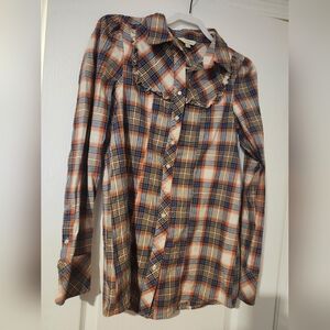 Womens Plaid Button-Up Shirt Western Ruffled RUBBISH M
